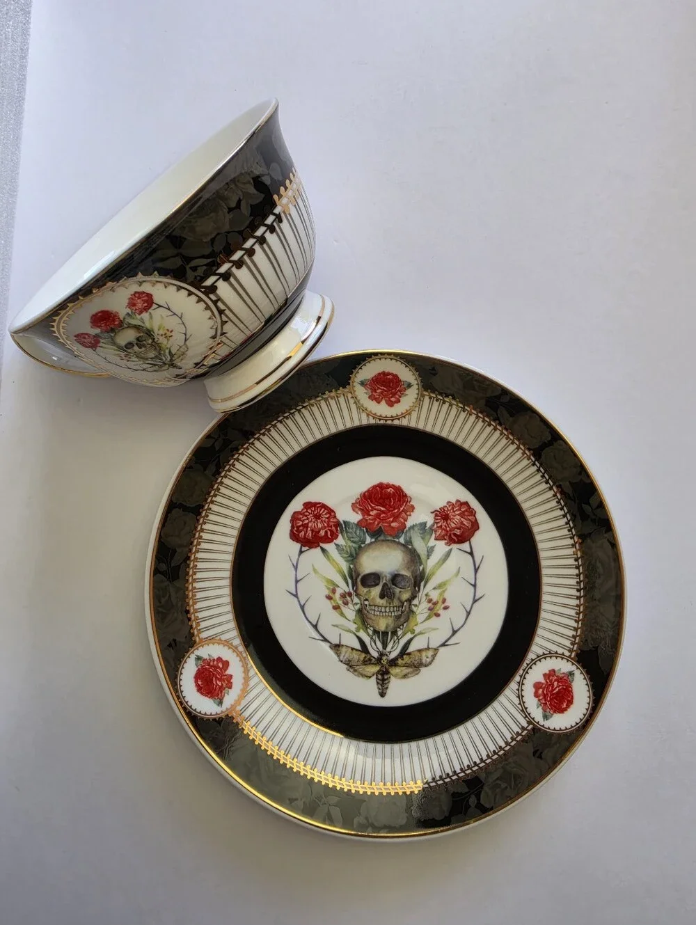 Park Chateau Elegance 2 Piece Skull Roses Moth Tea Cup and Saucer Gold Trim